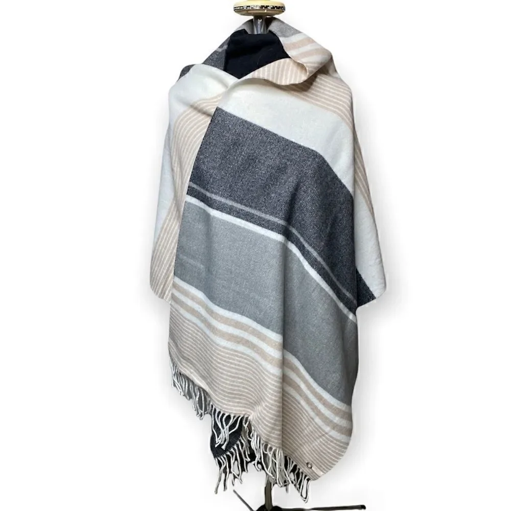 Calvin Klein Scarf wrap grey ivory beige striped 76 x 24 + fringe soft NWT